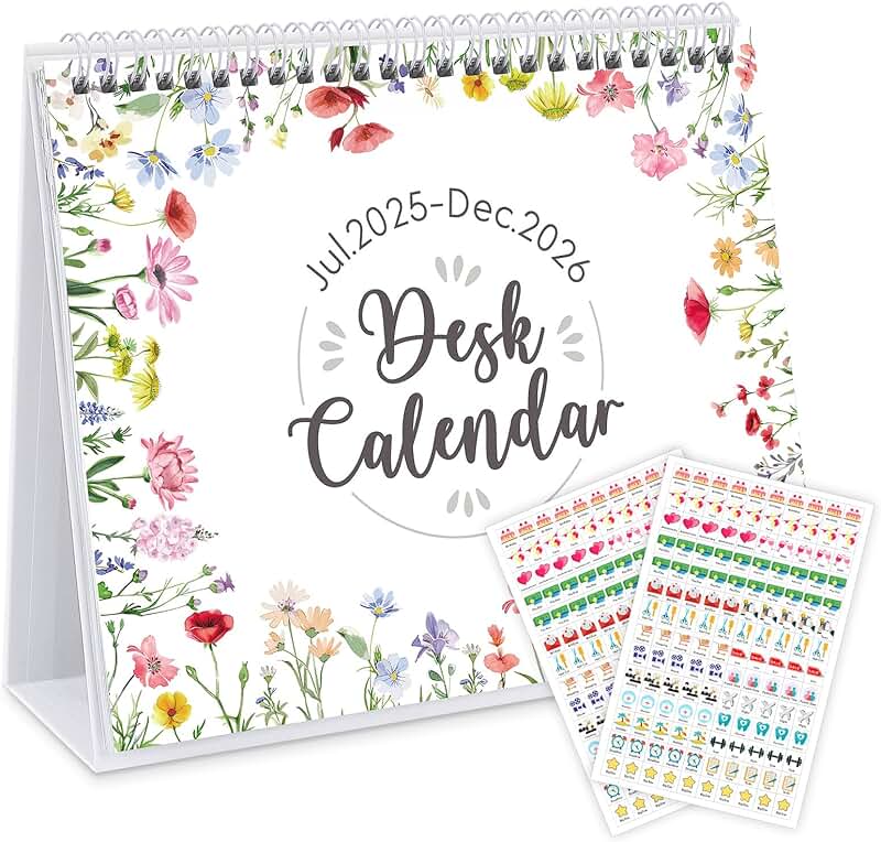 2025-2026 Desk Calendar, 18 Months, Floral Design