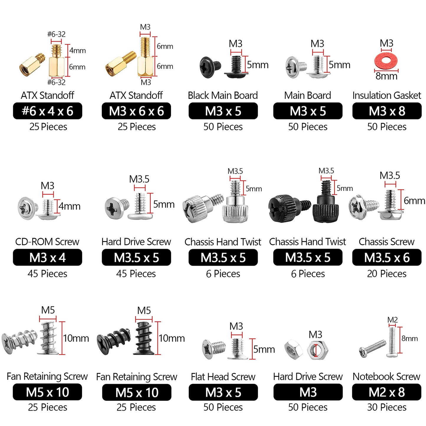 502pc Motherboard Standoffs Screw Kit | Basic Computer Screws Set for HDD Hard Drive, Case, Fan, Power Card, Graphics, Chassis, CD-ROM, ATX Case | for DIY & Repair