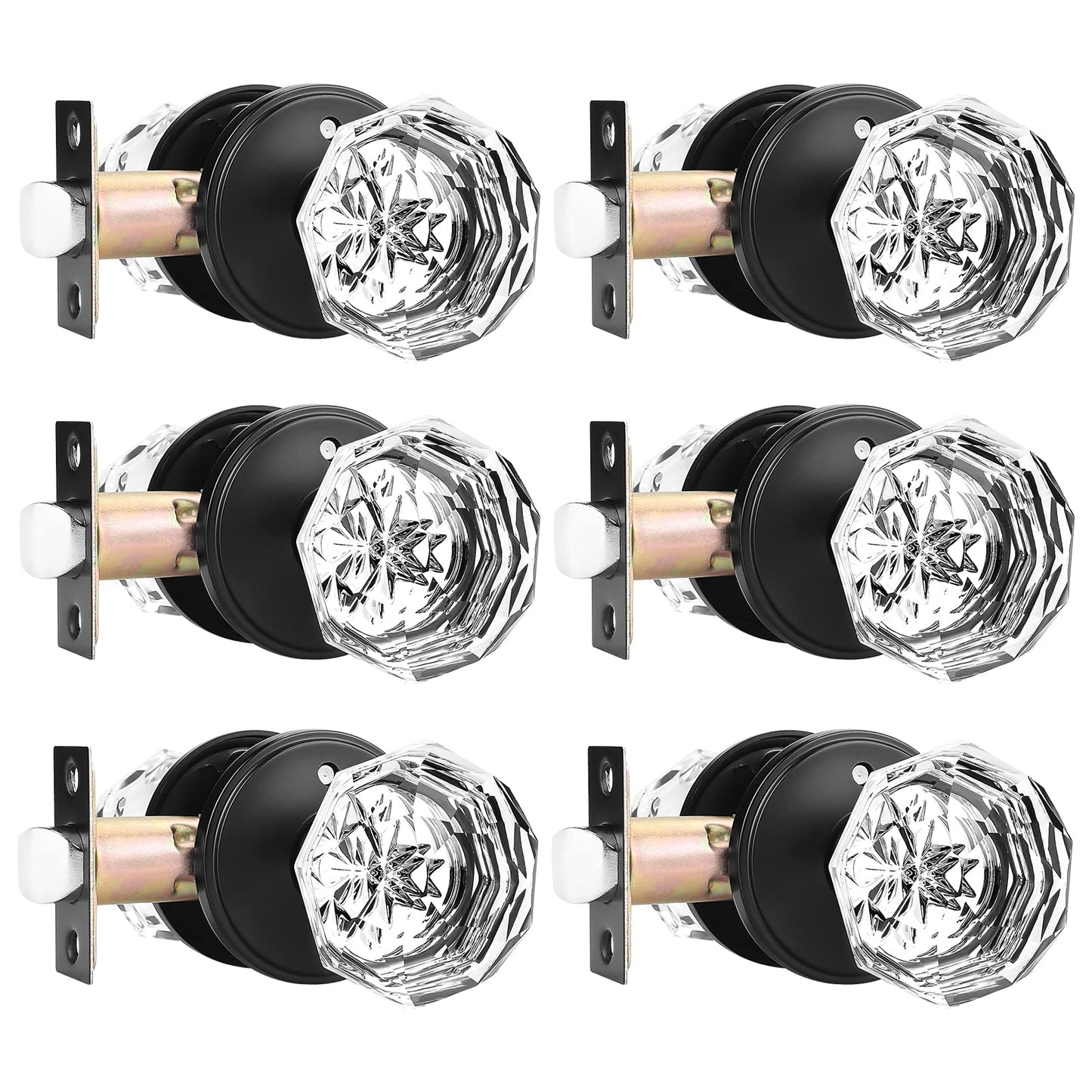 6 Pack Gl Door Knobs with Flat Black Rosette, Bath/Bed Door Knobs for Privacy Use, Keyless In or Door Handles with Diamond Shape Crystal Gl and Zinc Alloy Base