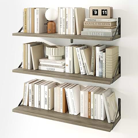Set of 3 Grey Floating Shelves, 32 x 8 Inches