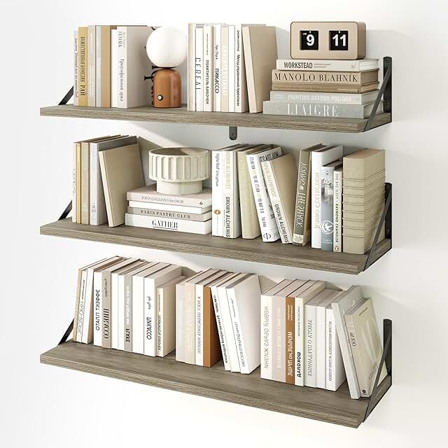 Set of 3 Grey Floating Shelves, 32 x 8 Inches