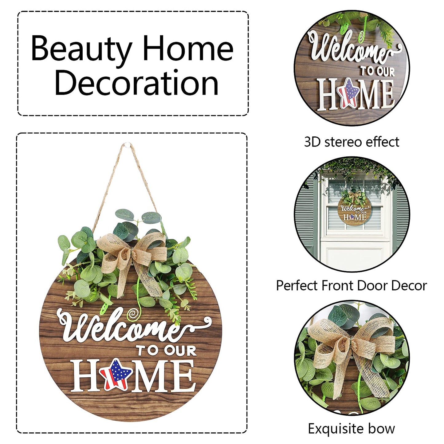 Interchangeable Seasonal Welcome Sign Front Door Decoration, R tic Round Wood Wreat Wall Hanging Outdoor, Farmho e, Porch, for Spring Summer Fall All Seasons Holiday Halloween Christmas.