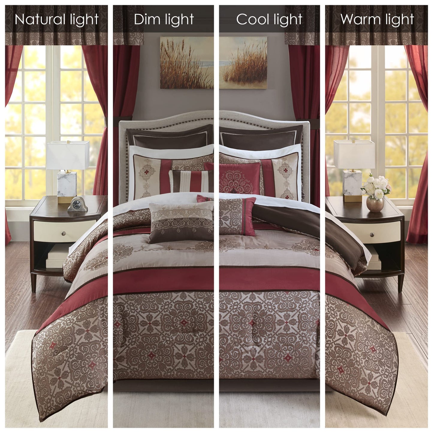 Essentials Delaney 24-Piece Room In A Bag Comforter Set- Jacquard, All Season Bedding, Sheets, decorative pillows and Curtains, Valance, Queen(90"x90"), Medallion Red