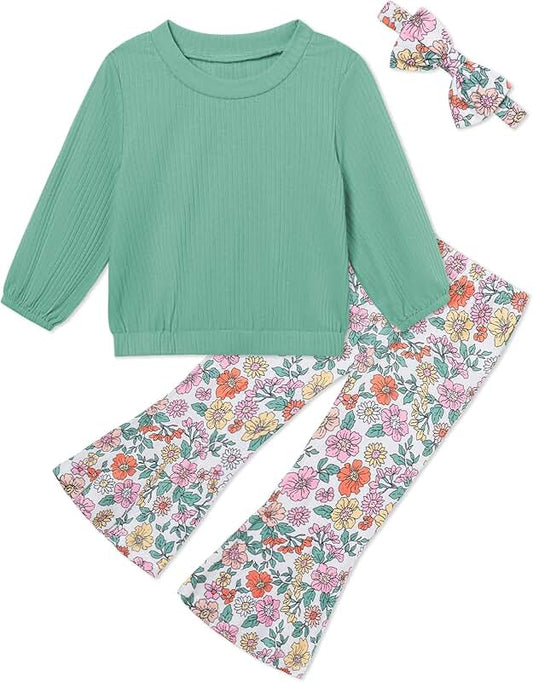 Toddler Girl Long Sleeve Top and Floral Pants Outfit