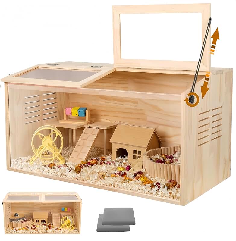 Wooden Hamster Cage with Open Top and Large Windows
