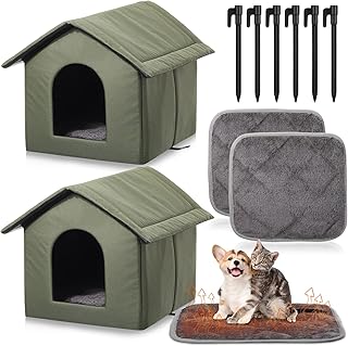 Outdoor Cat Shelter with Self-Heating Pad and Stakes