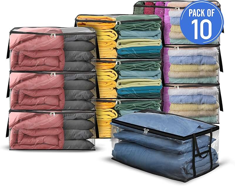 Large 90L Clear Storage Bags with Handles, Pack of 10