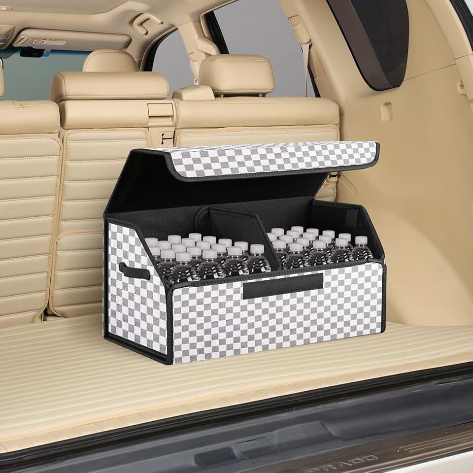 Leather foldable trunk organizer with lid and collapsible cargo bins