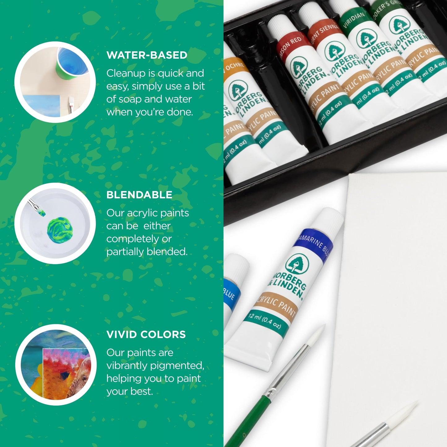 Acrylic Paint Set with Canvas and Brushes, 12 Colors