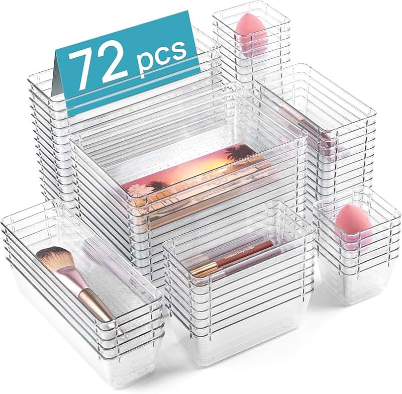 72-Piece Clear Plastic Drawer Organizer Set