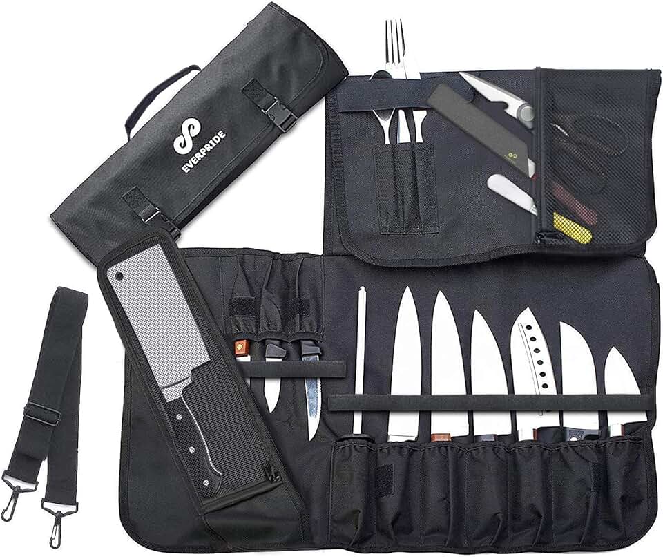 Knife Roll Bag for 10 Knives with Pockets