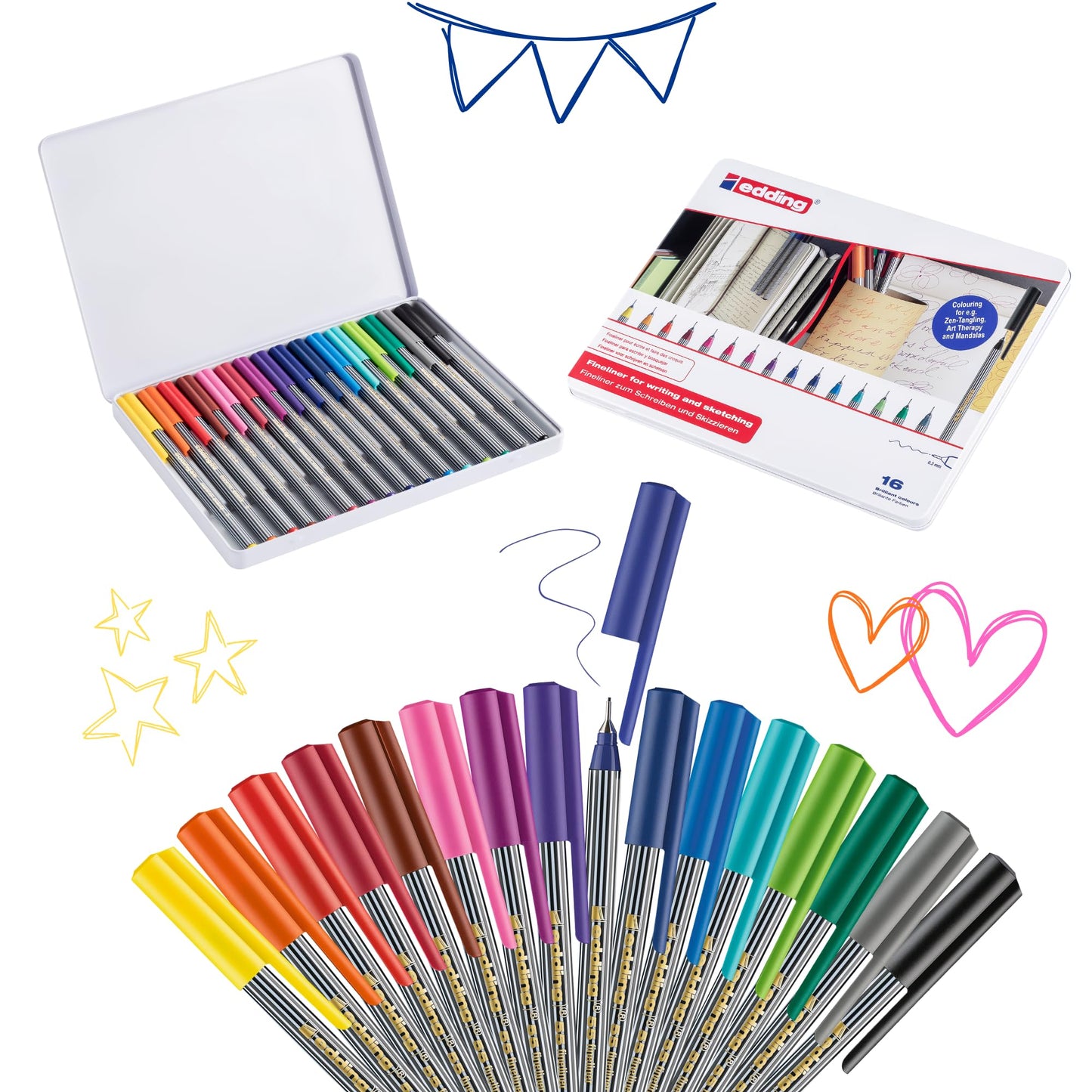16 Multi-Colored Fine Point Fineliner Pens