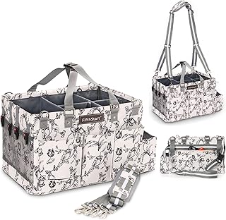 Large beige cleaning caddy with handle and straps