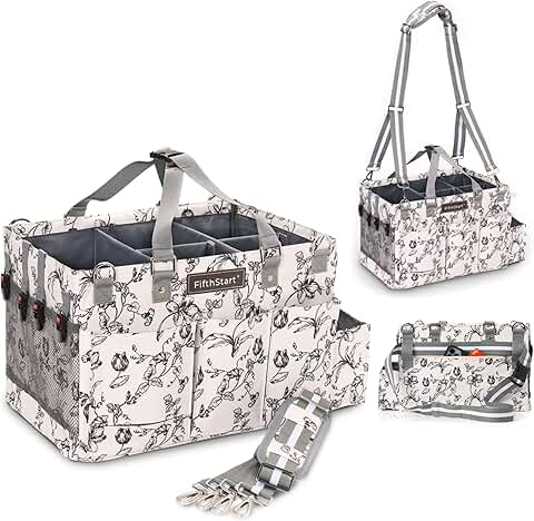 Large beige cleaning caddy with handle and straps