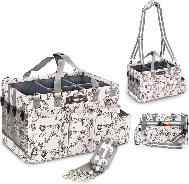Large beige cleaning caddy with handle and straps