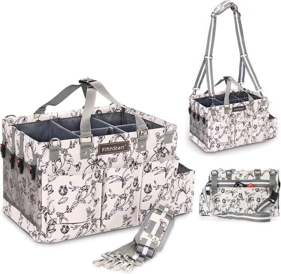 Large beige cleaning caddy with handle and straps