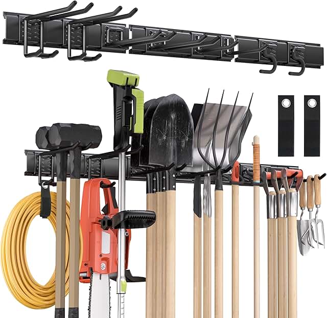 48-Inch Garden Tool Wall Mount with Adjustable Hooks