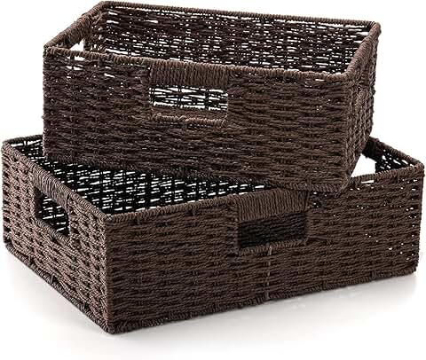 Two Brown Wicker Storage Baskets for Shelves