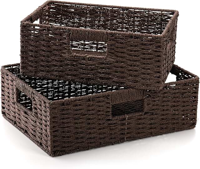 Two Brown Wicker Storage Baskets for Shelves