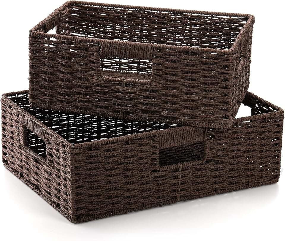 Two Brown Wicker Storage Baskets for Shelves