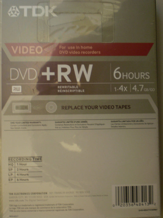 TDK Video 4X DVD+RW 6 Hours 1PK W/ Movie Box Case