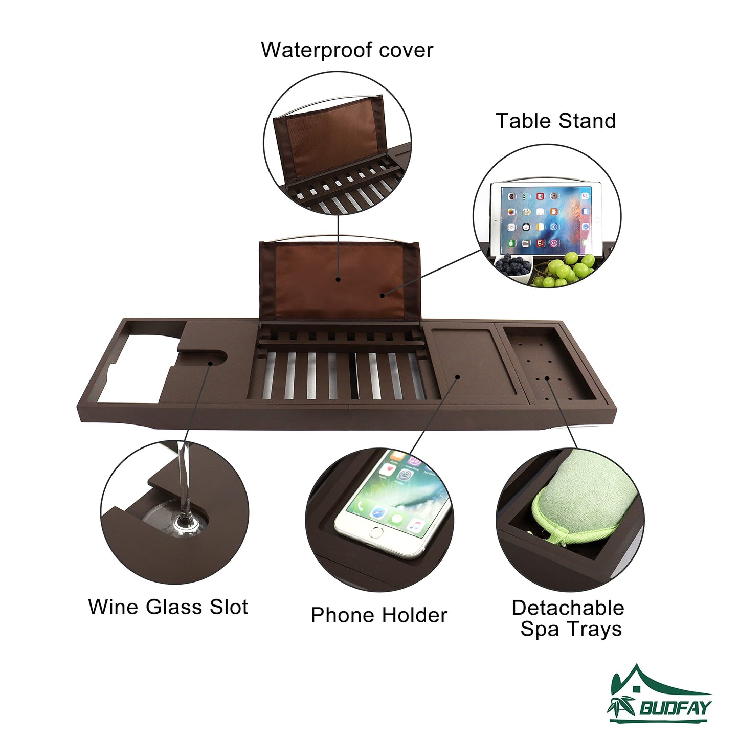 Bamboo Bathtub Caddy Tray Expandable Bath Tub Tray with Book and Wine Holder, Soap Dish, Phone Slot, Bath Table for Any Tub Bath Gift for Women 27.5  41.1 x 8.6, Brown)