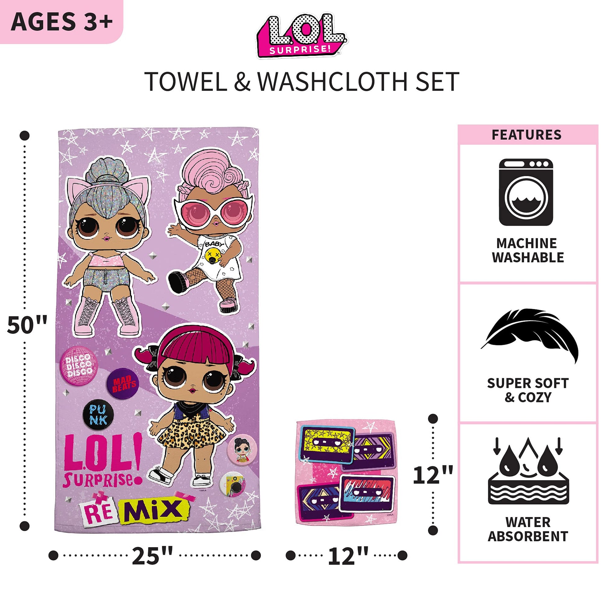 LOL Surprise Ki Pool/Beach Soft Cotton Terry Towel with Washcloth 2 Piece Set, 50 in x 25 in, by