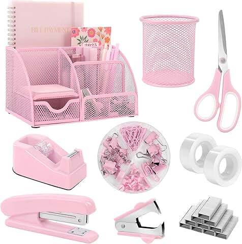 Pink Desk Organizer Set with Staples and Office Supplies