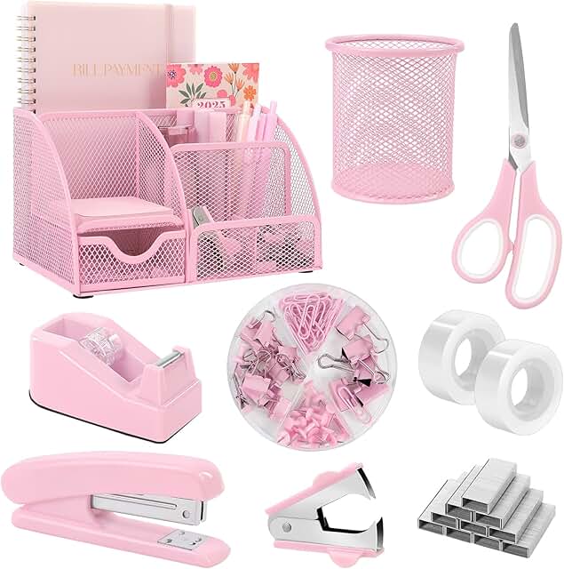 Pink Desk Organizer Set with Staples and Office Supplies