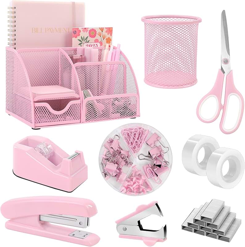 Pink Desk Organizer Set with Staples and Office Supplies