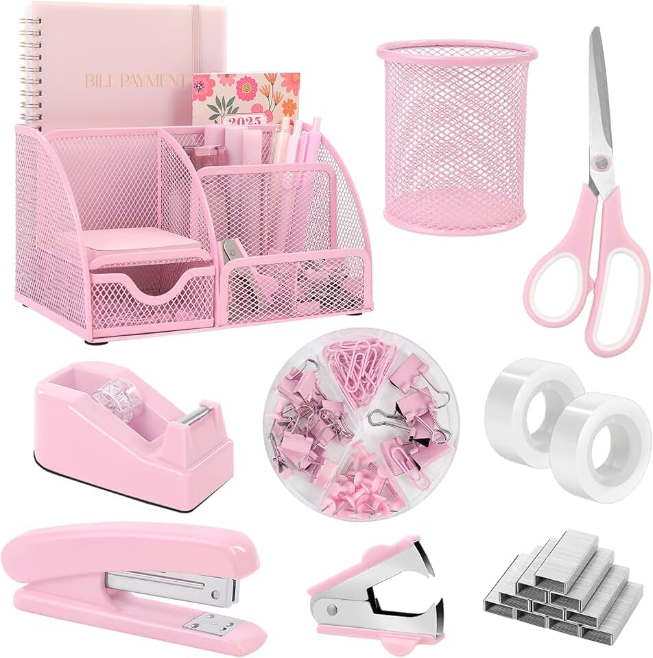 Pink Desk Organizer Set with Staples and Office Supplies