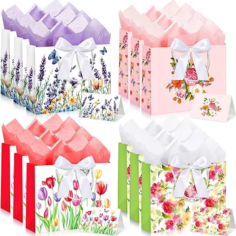 12 Large Floral Gift Bags with Tissue and Card