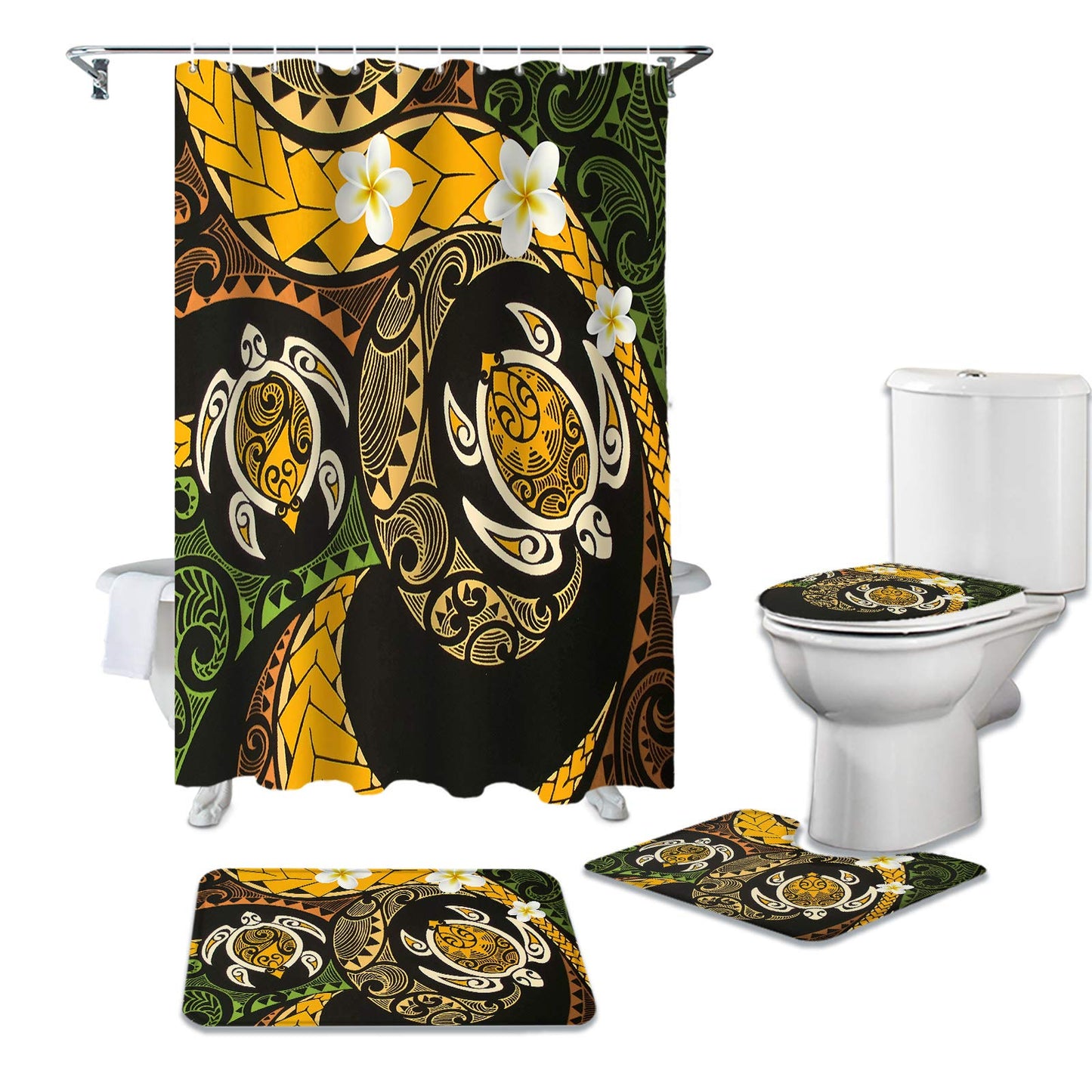 4 Piece Shower Curtain Sets Polynesian Retro Totem Include Non- Rug, Tet Lid Cover, Bath Mat and Shower Curtain Waterproof with 12 Hooks for Bathroom