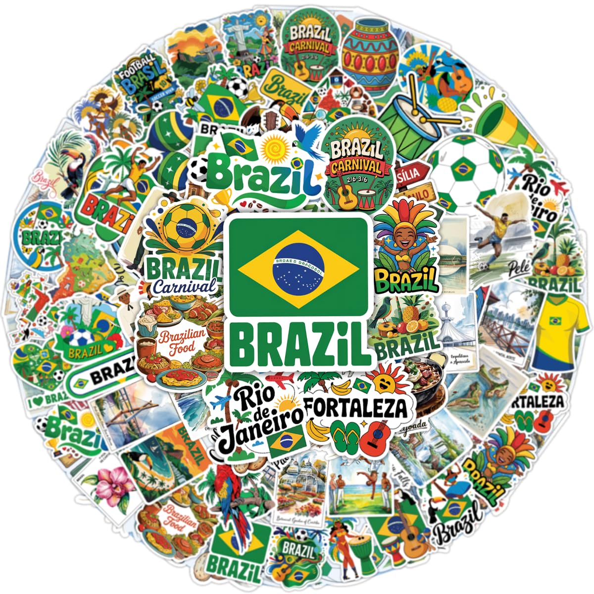 Set of 64 Waterproof Brazil Stickers for Laptops and Water Bottles