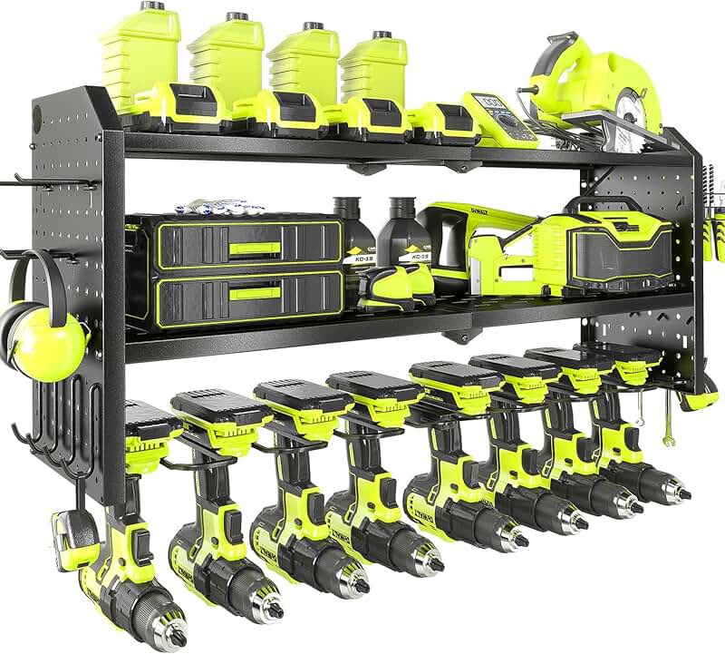 Large Wall-Mounted Power Tool Organizer with Drill Holders and Hooks