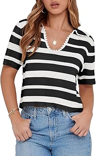 Women's Short Sleeve Striped V-Neck Polo Top