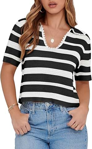 Women's Short Sleeve Striped V-Neck Polo Top