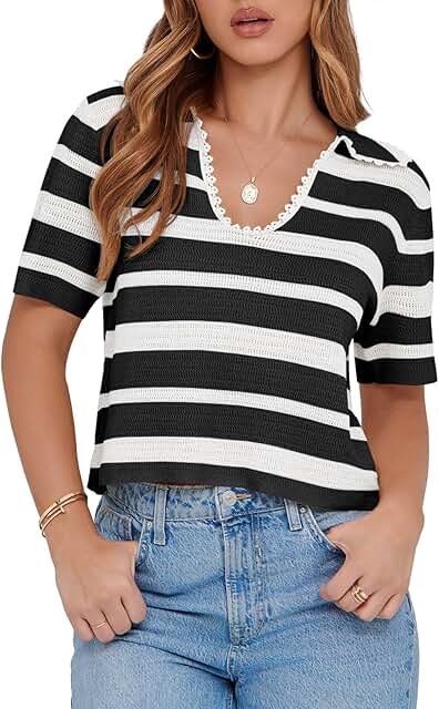 Women's Short Sleeve Striped V-Neck Polo Top