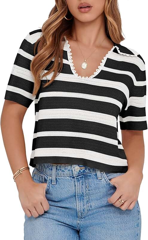 Women's Short Sleeve Striped V-Neck Polo Top
