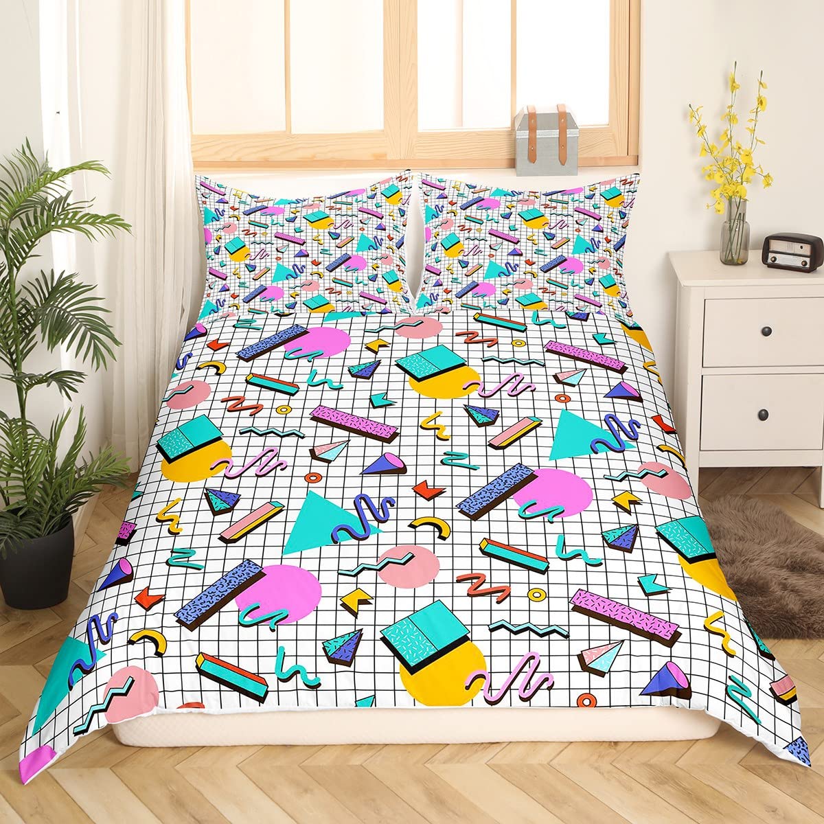80s 90S Fashion Style Bedding Set Queen Size,Retro Memphis Style Pattern with Geometrical Shapes Duvet Cover for Kids Child,Funky Hipster Old Fashioned Comforter Cover Geometric Bedroom Decor