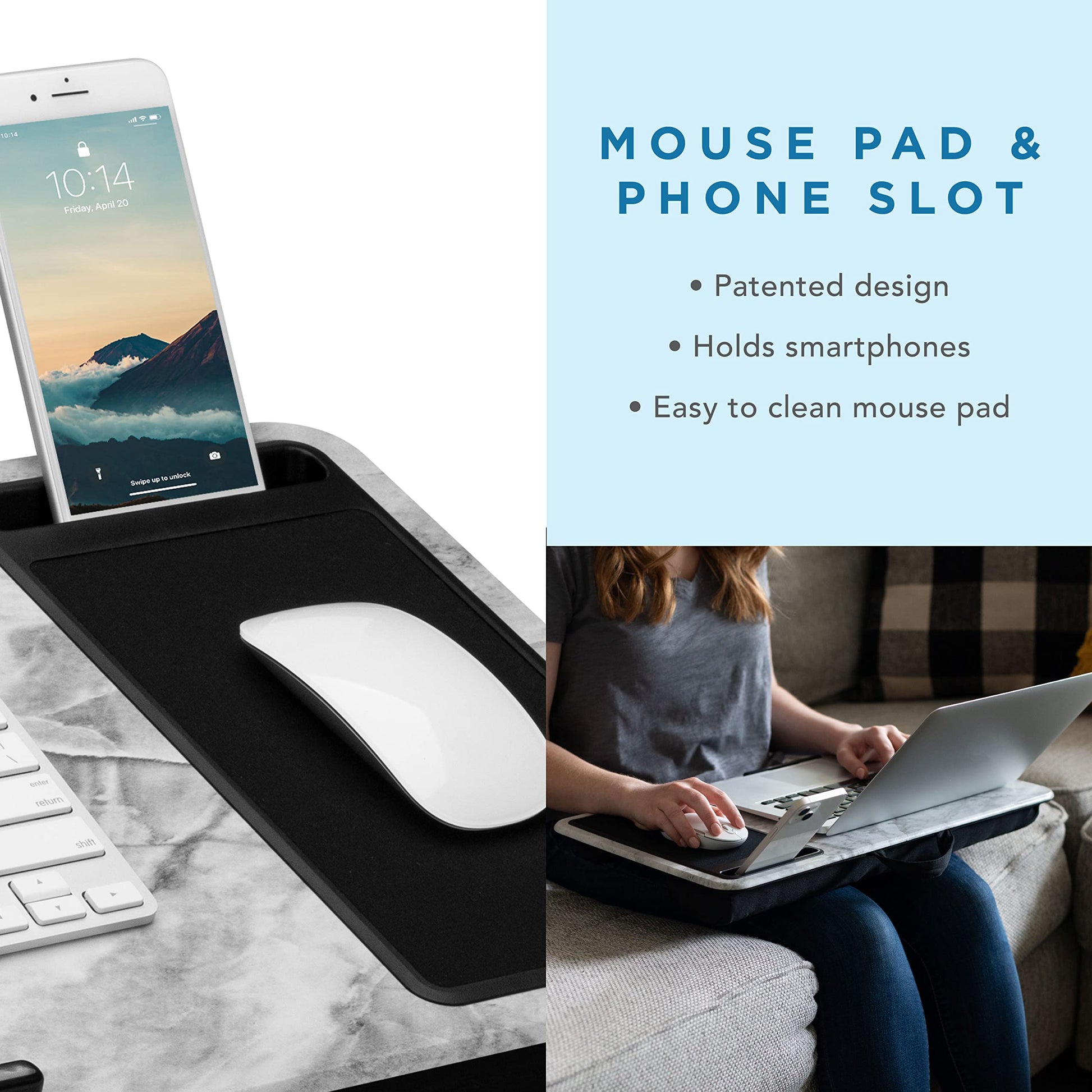 Home Office Lap Desk with Device Ledge, Mouse Pad, and Phone Holder - White Marble - Fits Up To 15.6 Inch Laptops - style No. 91501