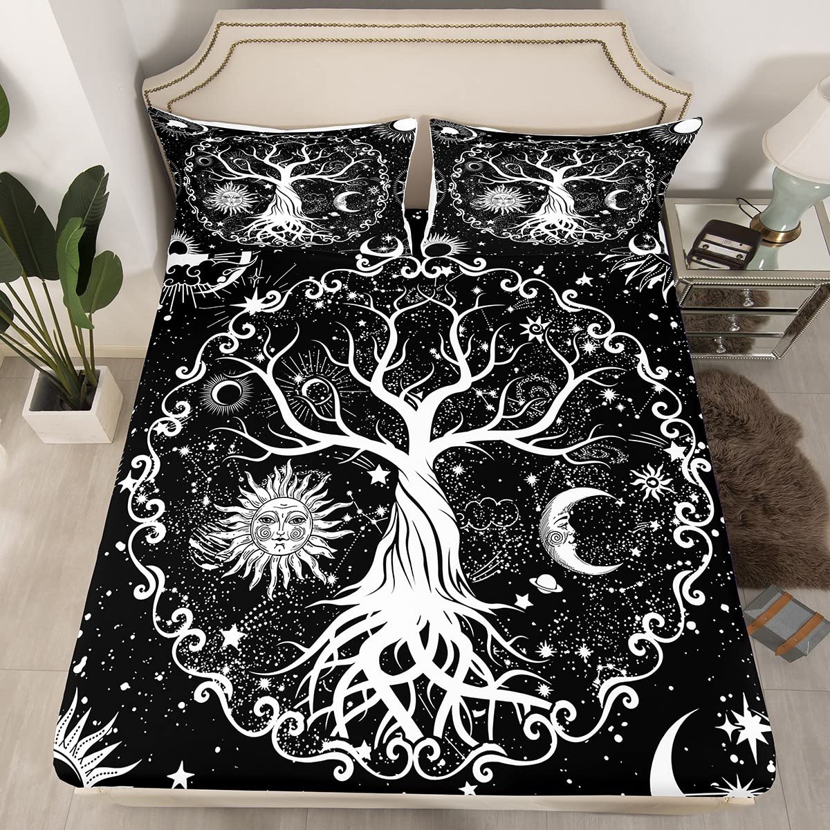 Tree of Life Fitted Sheet Full Sun and Moon Print Bed Sheets 3Pcs for Kids Boys Teens Bedroom Decor,Black and White Bed Cover axy Space Stars Constellation Bedding Set(Flat/Top Sheet not Included)