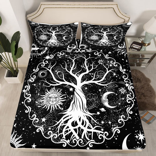 Tree of Life Fitted Sheet Full Sun and Moon Print Bed Sheets 3Pcs for Kids Boys Teens Bedroom Decor,Black and White Bed Cover axy Space Stars Constellation Bedding Set(Flat/Top Sheet not Included)