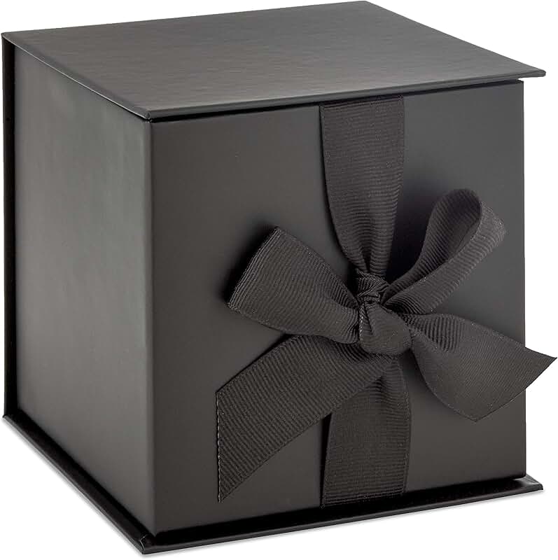Small black gift box with bow and shredded paper fill