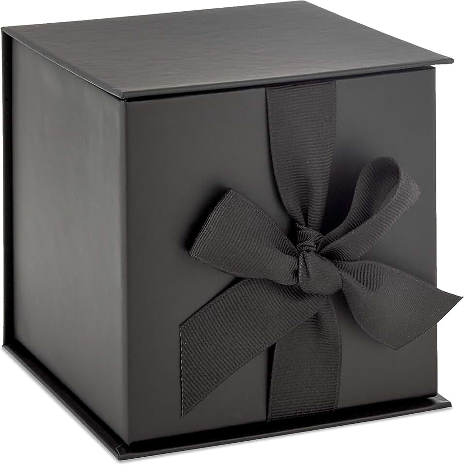 Small black gift box with bow and shredded paper fill