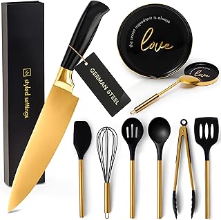 Black and Gold Kitchen Utensils Set with Chef Knife and Spoon Rest
