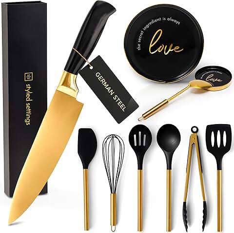 Black and Gold Kitchen Utensils Set with Chef Knife and Spoon Rest