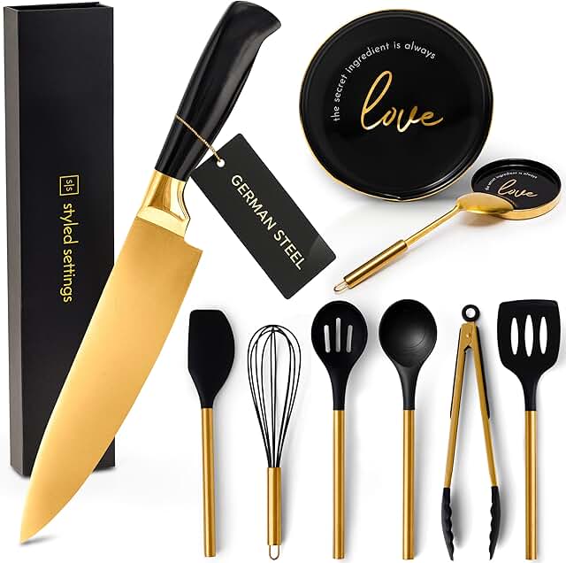 Black and Gold Kitchen Utensils Set with Chef Knife and Spoon Rest