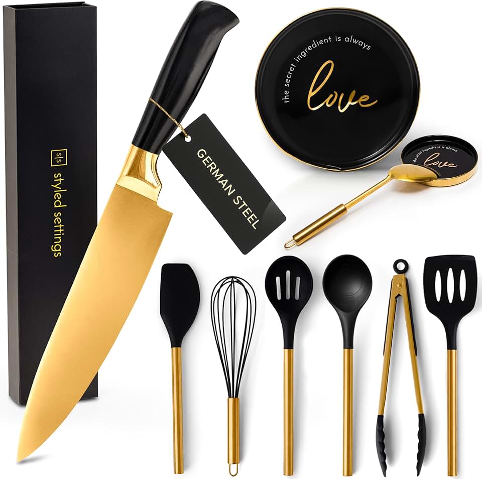 Black and Gold Kitchen Utensils Set with Chef Knife and Spoon Rest