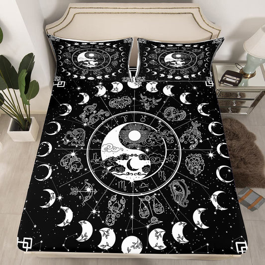 Sun and Moon Bed Sheets Queen, Constellations Zodiac Fitted Sheet Moon Phase Bedding Set Yin and Yang Bed Cover Starry Night Astrology Stars Bed Sheets,Black White Decor Microfiber